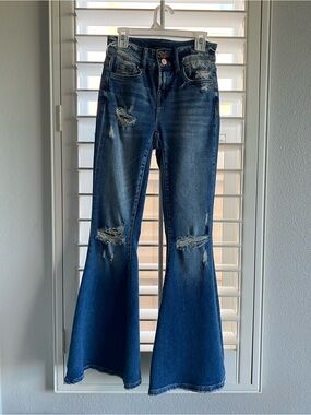 Flying Monkey Dark Blue Distressed High-Rise Flare Jeans